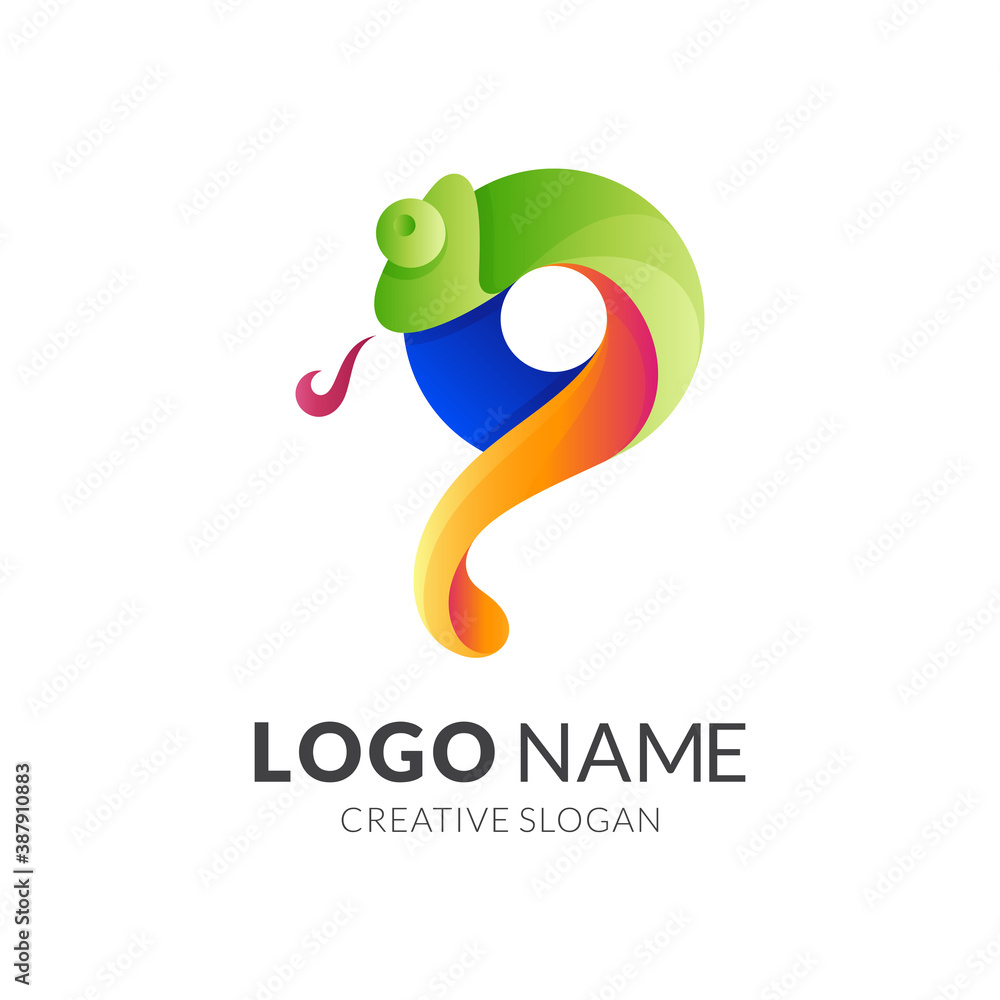 letter P chameleon logo, letter P and chameleon, combination logo with 3d colorful style letter P chameleon logo, letter P and chameleon, combination logo with 3d colorful style