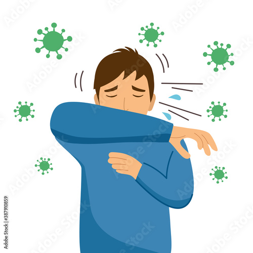 Sneezing man with virus cells around on white background. A man using arm covering his nose and mouth when sneezing and coughing. Sick man blowing. Season allergy. Covid19 Coronavirus infection.