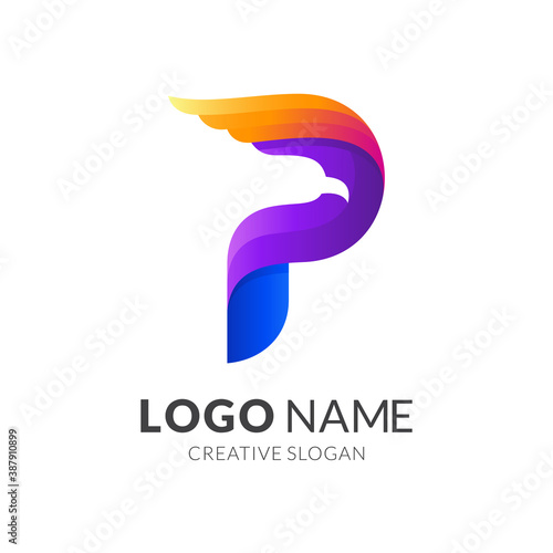letter P eagle logo, letter P and eagle, combination logo with 3d colorful style
