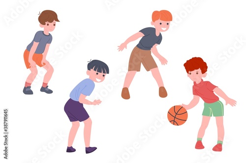 Happy children playing sport game. Boy and girl doing physical exercise. Kids playing basketeball. Active healthy childhood. Flat vector cartoon illustration isolated on white background