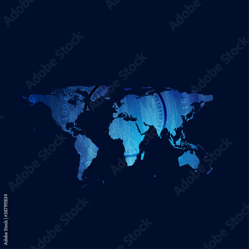 Dark blue grunge world map with round binary code elements abstract background. Watercolor effect vector technology design