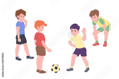 Happy children playing sport game. Boy and girl doing physical exercise. Kids playing football. Active healthy childhood. Flat vector cartoon illustration isolated on white background