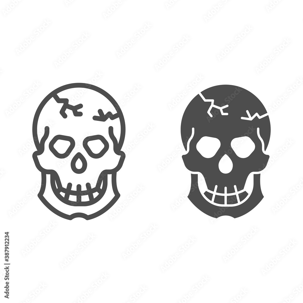 Skull with crack on forehead line and solid icon, halloween concept, cracked  skull sign on white background, dead head icon in outline style for mobile  concept and web design. Vector graphics. Stock