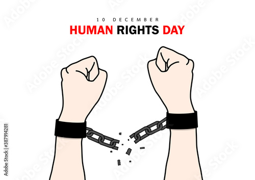 Human rights day. International peace. Arm handcuffed is breaking the chain. Concept of freedom from oppression, slavery, equality. Cartoon flat style design on white background. Vector illustration.