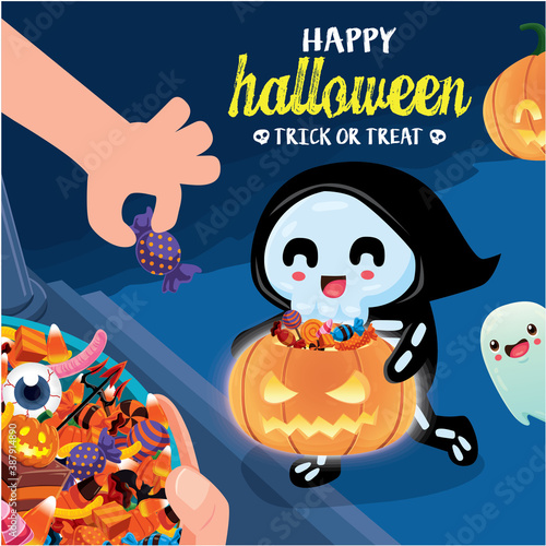 Vintage Halloween poster design with vector skeleton, ghost character. 