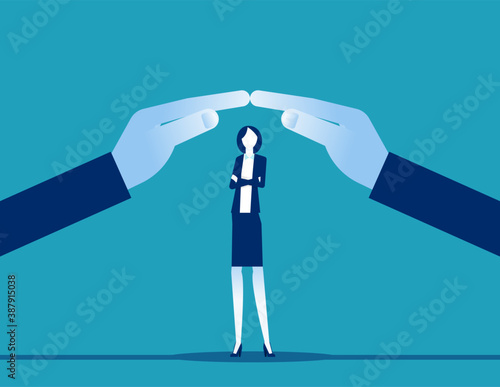 Big hands protecting businesswoman. A Helping hand