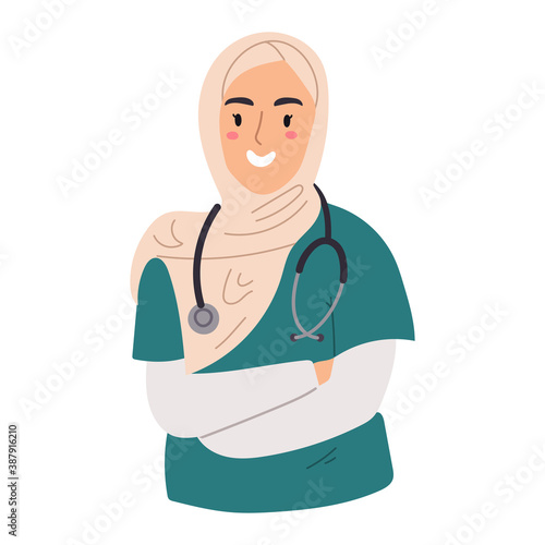 Portrait of Muslim female doctor with stethoscope isolated on white background.