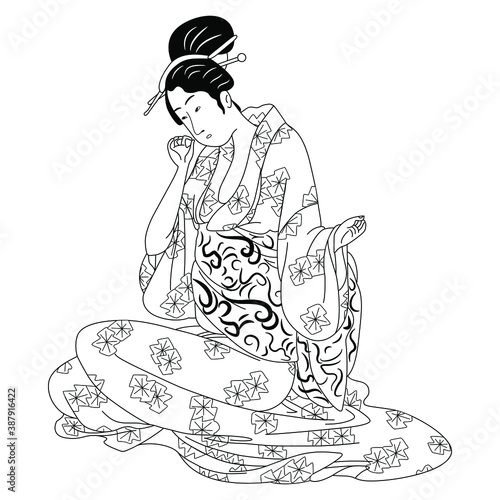 Sitting Japanese girl or geisha in kimono. Black and white linear silhouette.