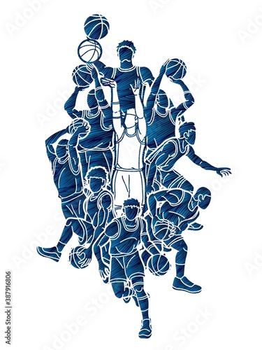 Group of Basketball players action cartoon sport graphic vector.