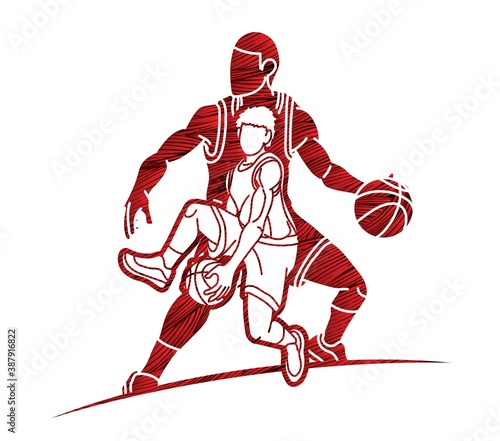 Group of Basketball players action cartoon sport graphic vector.