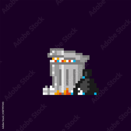 Trash can full of garbage pixel art icon. Element design for logo, stickers, web, embroidery and mobile app. Isolated vector illustration. 8-bit sprite.