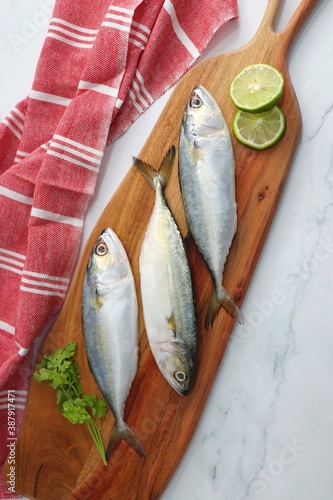 Uncooked Indian mackerel fish Rastrelliger kanagurta. also known as Bangda fish. Free copy space. Lemon wedge and coriander. top view fish background. online fish marketing.  photo