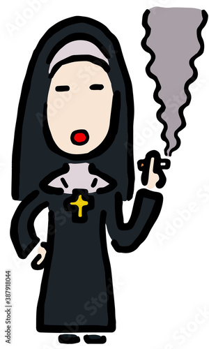 Smoking Catholic Nun : Hand drawn vector illustration like woodblock print