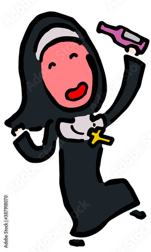 Drunk Catholic Nun : Hand drawn vector illustration like woodblock print