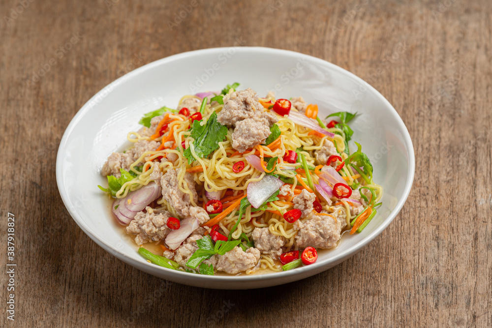 Thai food, instant noodles spicy salad with minced pork Thai food, instant noodles spicy salad with minced pork