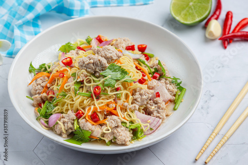 Thai food, instant noodles spicy salad with minced pork