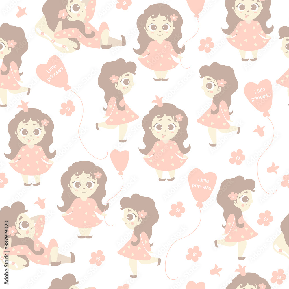 Seamless patterns. A cute girl walks, lies, rejoices on a white background with flowers and a balloon with the inscription - little princess. Vector. kids collection in the Pastel Scandinavian style Seamless patterns. A cute girl walks, lies, rejoices on a white background with flowers and a balloon with the inscription - little princess. Vector. kids collection in the Pastel Scandinavian style