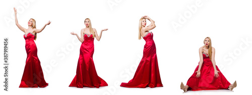 Woman in pretty red evening dress isolated on white