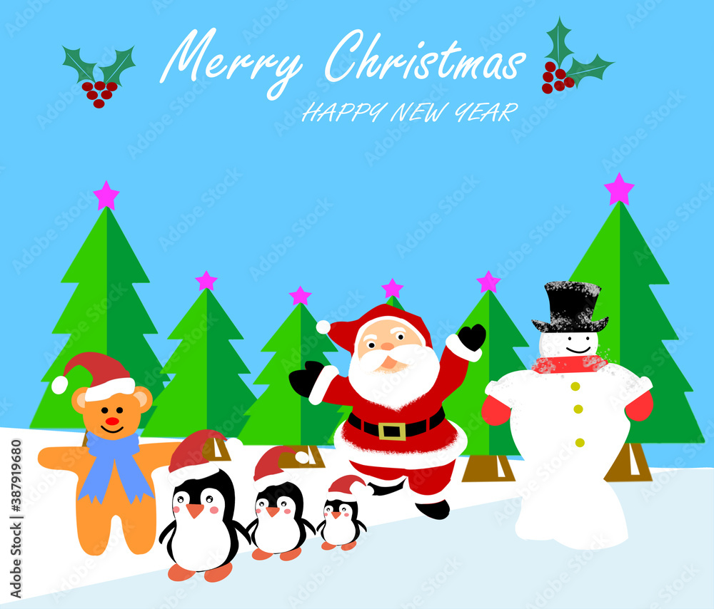 Santa and friends cheerful at Chrismas time with copy space ,wallpaper,card,greeting Santa and friends cheerful at Chrismas time with copy space ,wallpaper,card,greeting