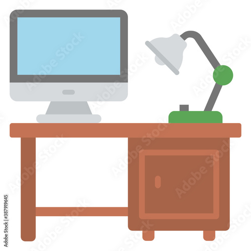 
An icon embedded with study lamp and monitor on office desk showing workplace concept
