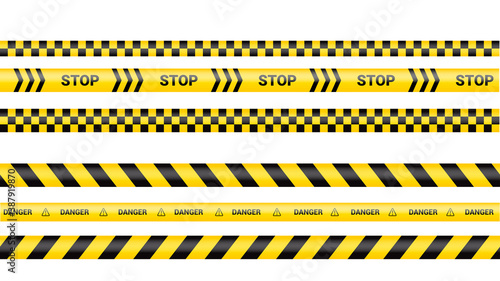 Police tape, crime danger line. Caution police lines isolated. Warning and barricade tapes. Set of yellow warning ribbons. Vector illustration. © Elena