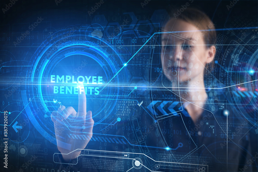 Business, technology, internet and network concept. Young businessman thinks over the steps for successful growth: Employee benefits Business, technology, internet and network concept. Young businessman thinks over the steps for successful growth: Employee benefits
