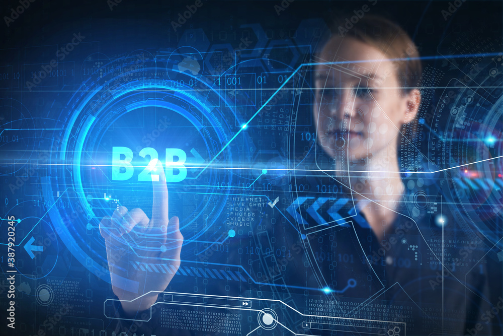 Business, technology, internet and network concept. Young businessman thinks over the steps for successful growth: B2B Business, technology, internet and network concept. Young businessman thinks over the steps for successful growth: B2B