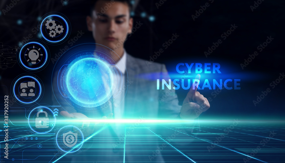 Business, technology, internet and network concept. Young businessman thinks over the steps for successful growth: Cyber insurance Business, technology, internet and network concept. Young businessman thinks over the steps for successful growth: Cyber insurance