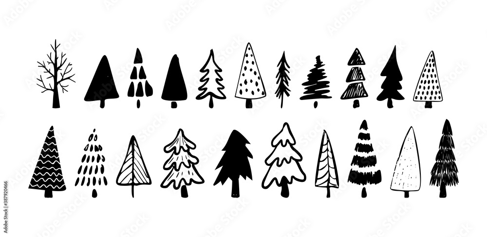 Obraz premium Christmas doodle set. Christmas tree. Hand drawn xmas decorations icons. Vector illustration isolated on white background.
