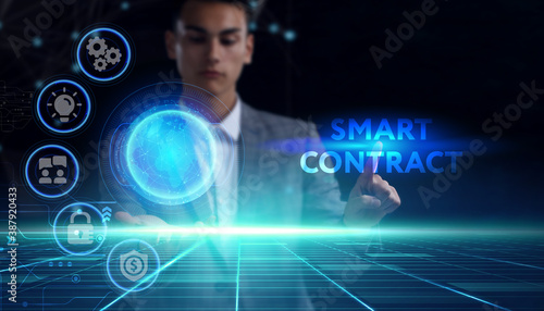 Business, technology, internet and network concept. Young businessman thinks over the steps for successful growth: Smart contract