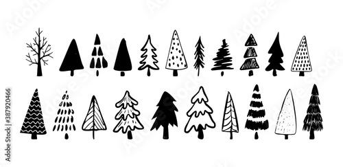 Christmas doodle set. Christmas tree. Hand drawn xmas decorations icons. Vector illustration isolated on white background.
