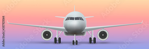 Front view of Civil Aircraft standing on the chassis  isolated on pastel background. Public or private plane as business and travel design concept. Vector Illustration.