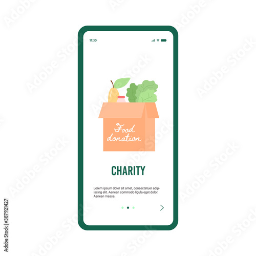 Onboarding screen design for donation and charity to poor people, flat cartoon vector illustration. Volunteering and charity site application interface.