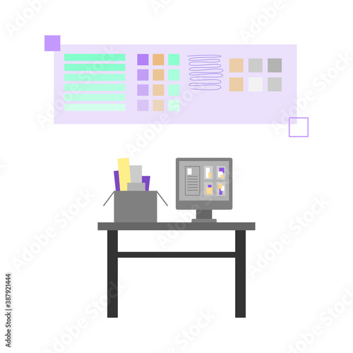 Workplace of polygraphy designer or prepress engineer in printing house, publishing or advertising agency. Creating art digital layouts. Flat isolated vector illustration