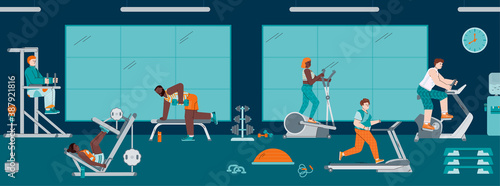 Concept of healthy lifestyle. Gym with equipment and active people engaged in sports, fitness, workout and physical exercises. Horizontal vector banner.