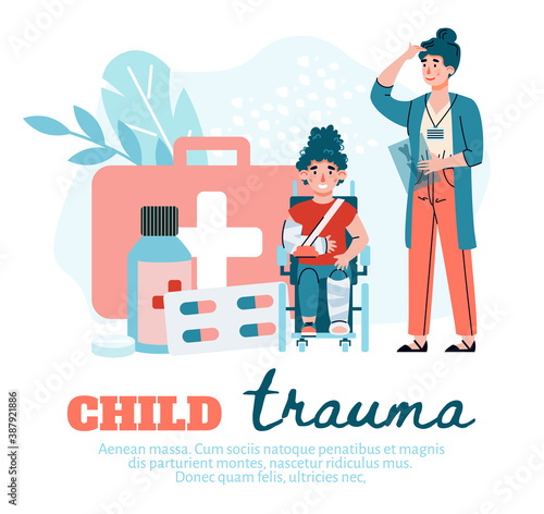 Concept of treating childhood trauma or injury. Female doctor with an x-ray and a girl kid patient with a cast in wheelchair. Rehabilitation in medical clinic. Vector illustration.