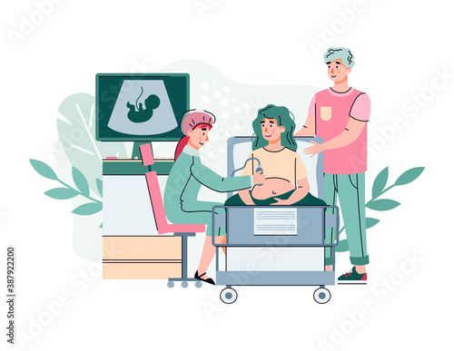 Happy couple characters visits perinatal center for ultrasound test together, cartoon flat vector illustration isolated on white background. Motherhood and fatherhood.