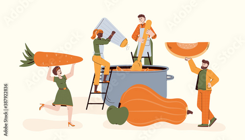 Tiny cartoon people cooking dishes for Thanksgiving holiday dinner, flat vector illustration isolated on white background. Autumn harvest Thanksgiving menu template.