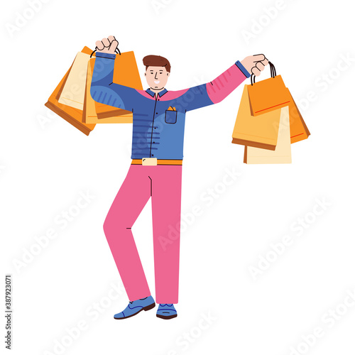 Happy shopper hold in hands a lot of bags and packages with purchases. Holiday sales and discounts, black friday and cyber monday. Vector illustration isolated on white background.