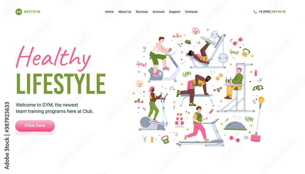 Healthy lifestyle website header and cartoon people training in gym, flat vector illustration. Webpage layout with People exercising on special sport gym equipment. Healthy lifestyle website header and cartoon people training in gym, flat vector illustration. Webpage layout with People exercising on special sport gym equipment.