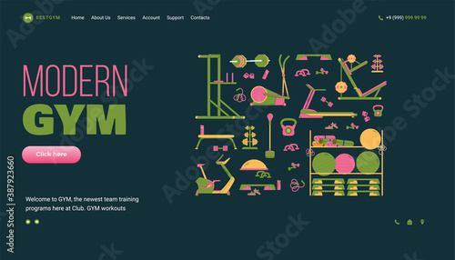 Set icons of sports equipment for fitness, workout and physical exercises in modern gym. Active healthy lifestyle. Vector illustration. Landing page template.