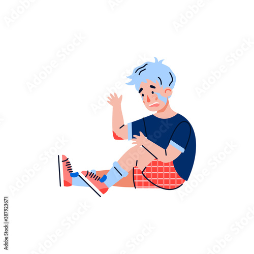 Little boy fell and got injury, flat cartoon vector illustration isolated on white background. Cartoon character for children traumatology and trauma treatment topic.