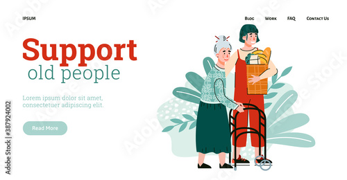 Old people support web page interface with volunteer and elderly woman cartoon character, flat vector illustration. Web page for seniors supporting services.