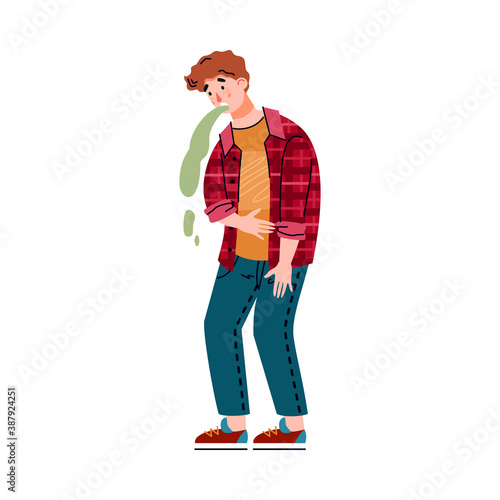 A male with one of the symptoms of food poisoning. Young man suffers from vomiting and nausea. Vector isolated illustration.