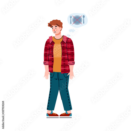 A person with one of the symptoms of food poisoning. Young man suffers from loss of appetite. Vector isolated illustration.