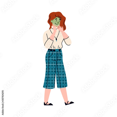 Young woman suffers from nausea - one of the symptoms of food poisoning. Vector isolated illustration.