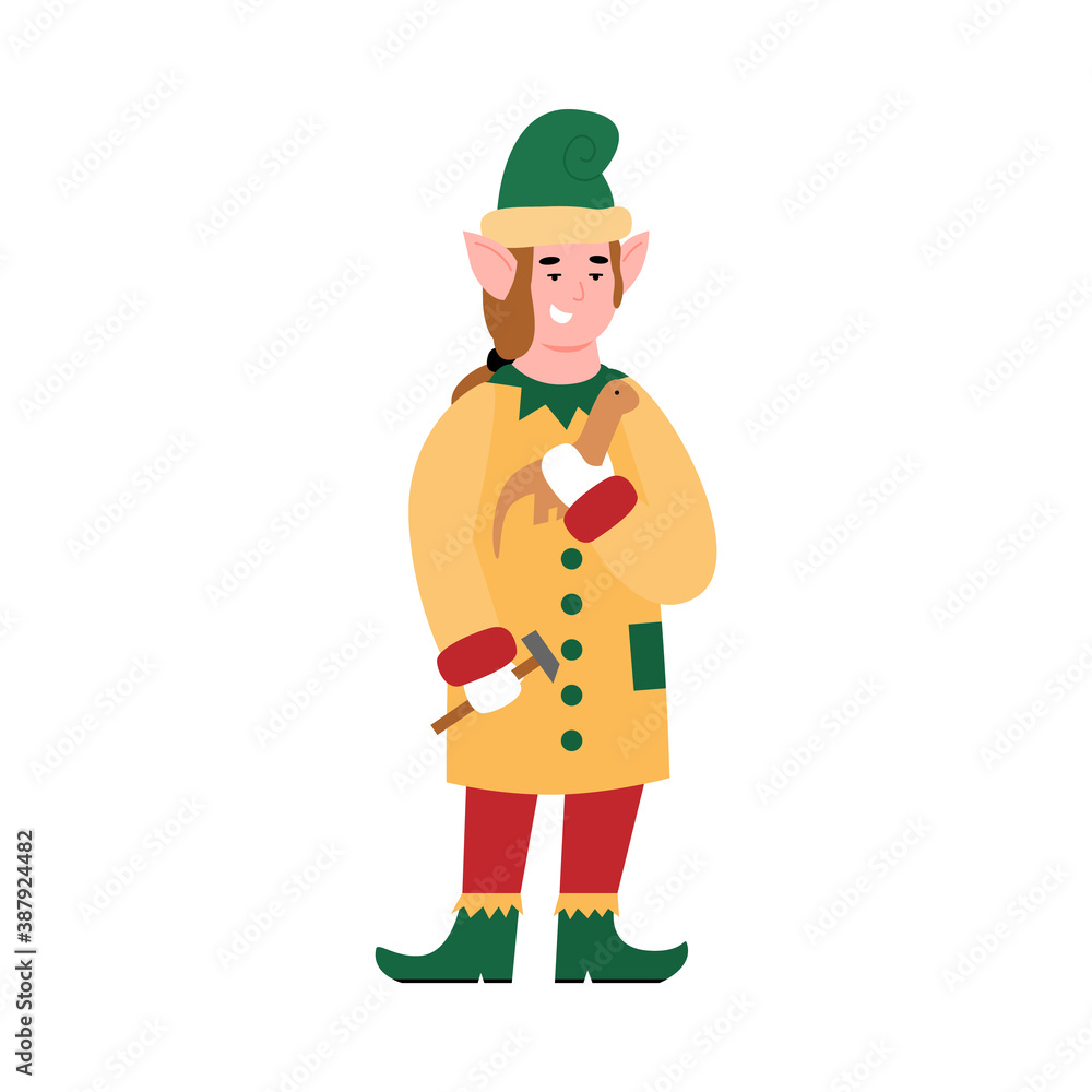 Santas helper elf cartoon character making a wooden toy, flat vector illustration isolated on white background. Elf or dwarf preparing Christmas presents for children.