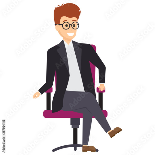 
A stunning manager sitting on a revolving office chair gesturing and posing happily with a smile
