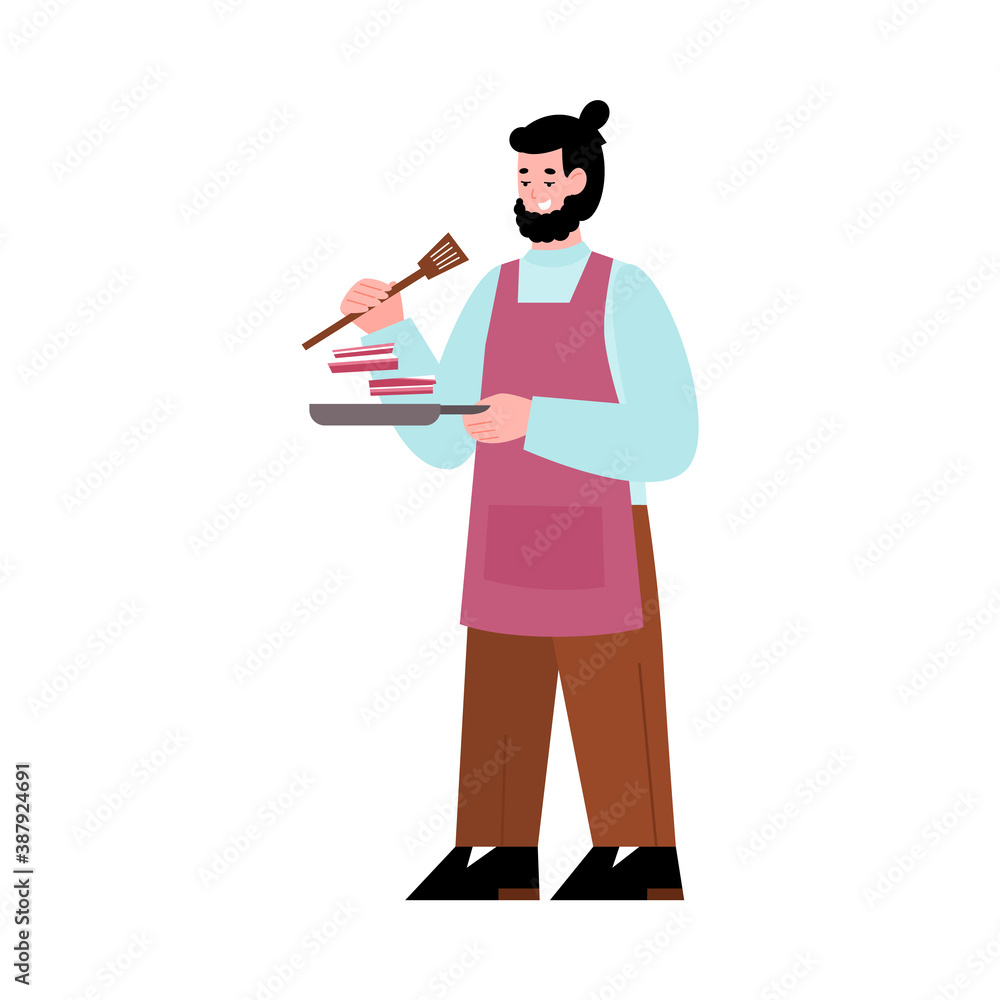 Man with a frying pan and spatula in his hands prepares food. A young cook, chef or participant of a cooking tv show. Vector illustration isolated on a white background