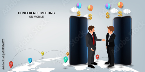 Online Communication. Businesspersons conference meeting from mobile. Business, Commitment and prevention of coronovirus, Covid-19 concept. vector illustration..